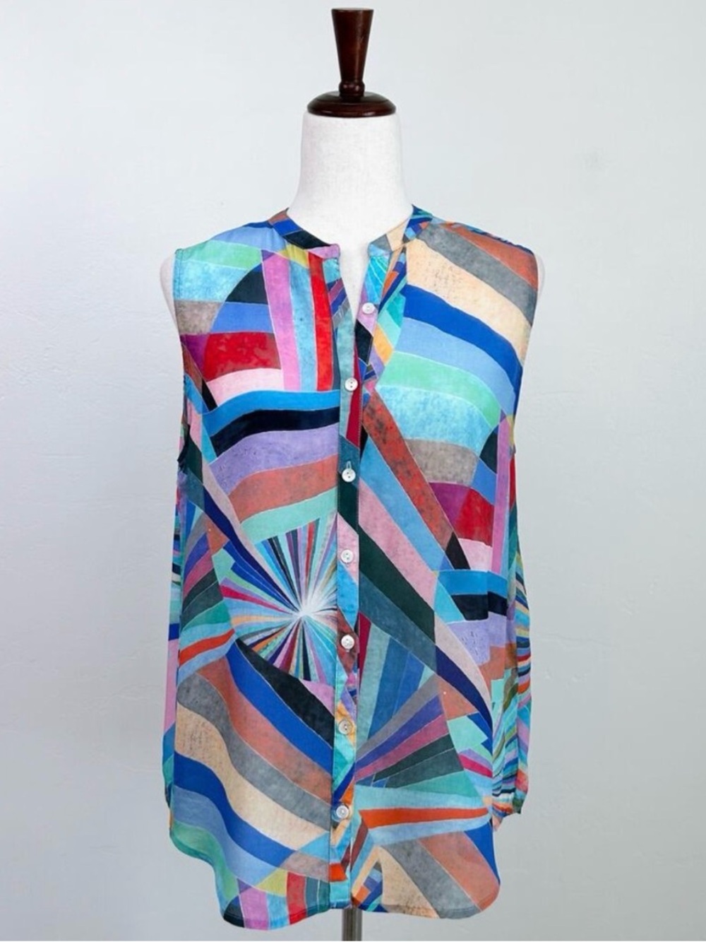 AP.NY Cupro Viscose Colorful Button-Up Flowy Sleeveless Artsy Summer Top SMALL